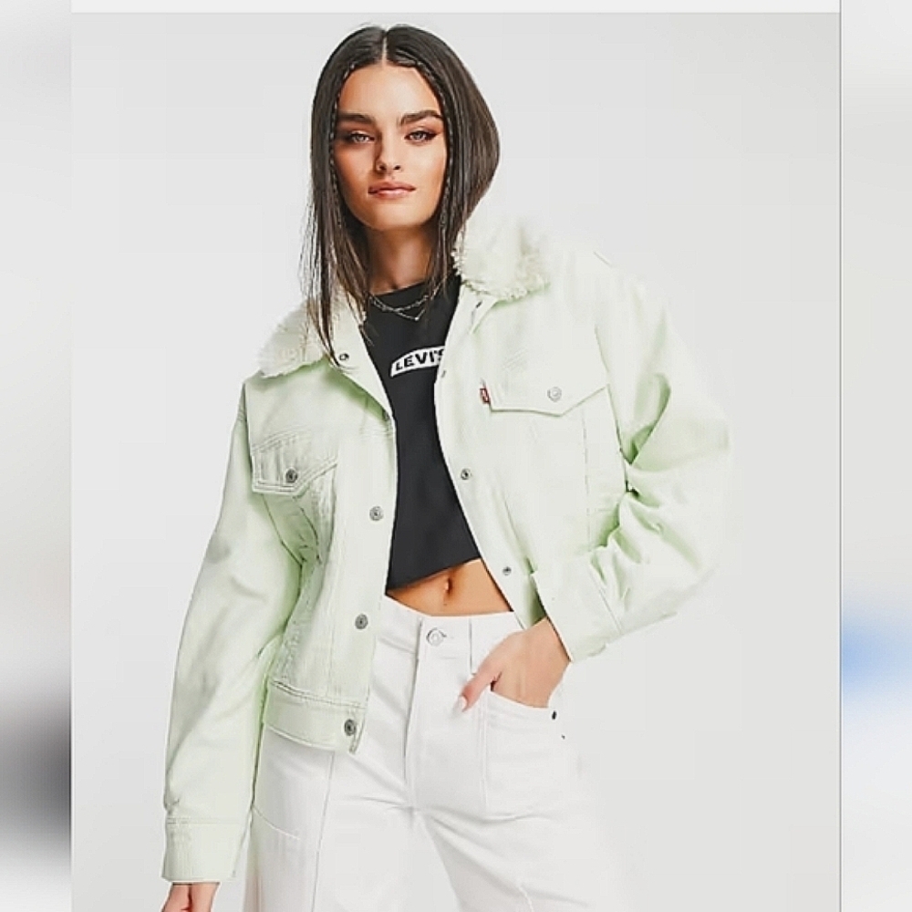 LEVI'S Sherpa Baby Baggy Trucker Jacket in meadow mist/neutral. Size M NWT